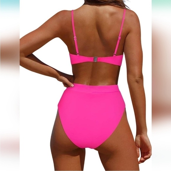 NWOT hot pink Women High Wasited Bikini Shoulder Strap 2 Piece High Cut Strings - Picture 3 of 4